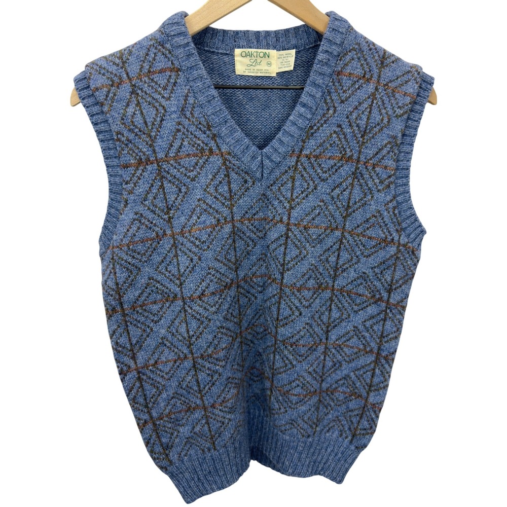 VTG Oakton Ltd Wool Blend Geometric Diamond V-Neck Sweater Vest Mens Size M Blue